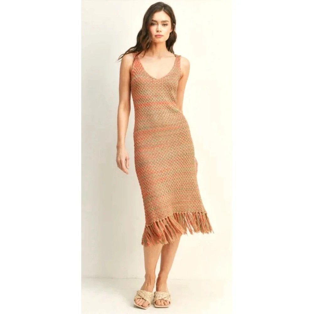 NEW! Crochet Knit Midi Dress Fringe Hem Sleeveless Bohemian Orange Green SZ S - Picture 3 of 11